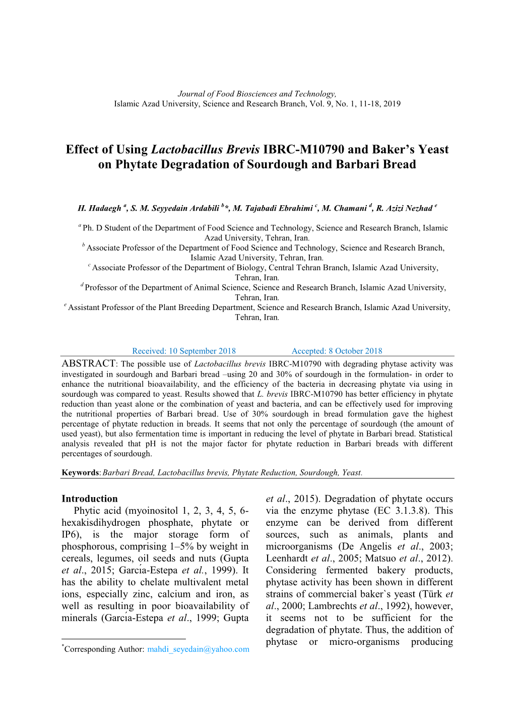 Effect of Using Lactobacillus Brevis IBRC-M10790 and Baker's Yeast