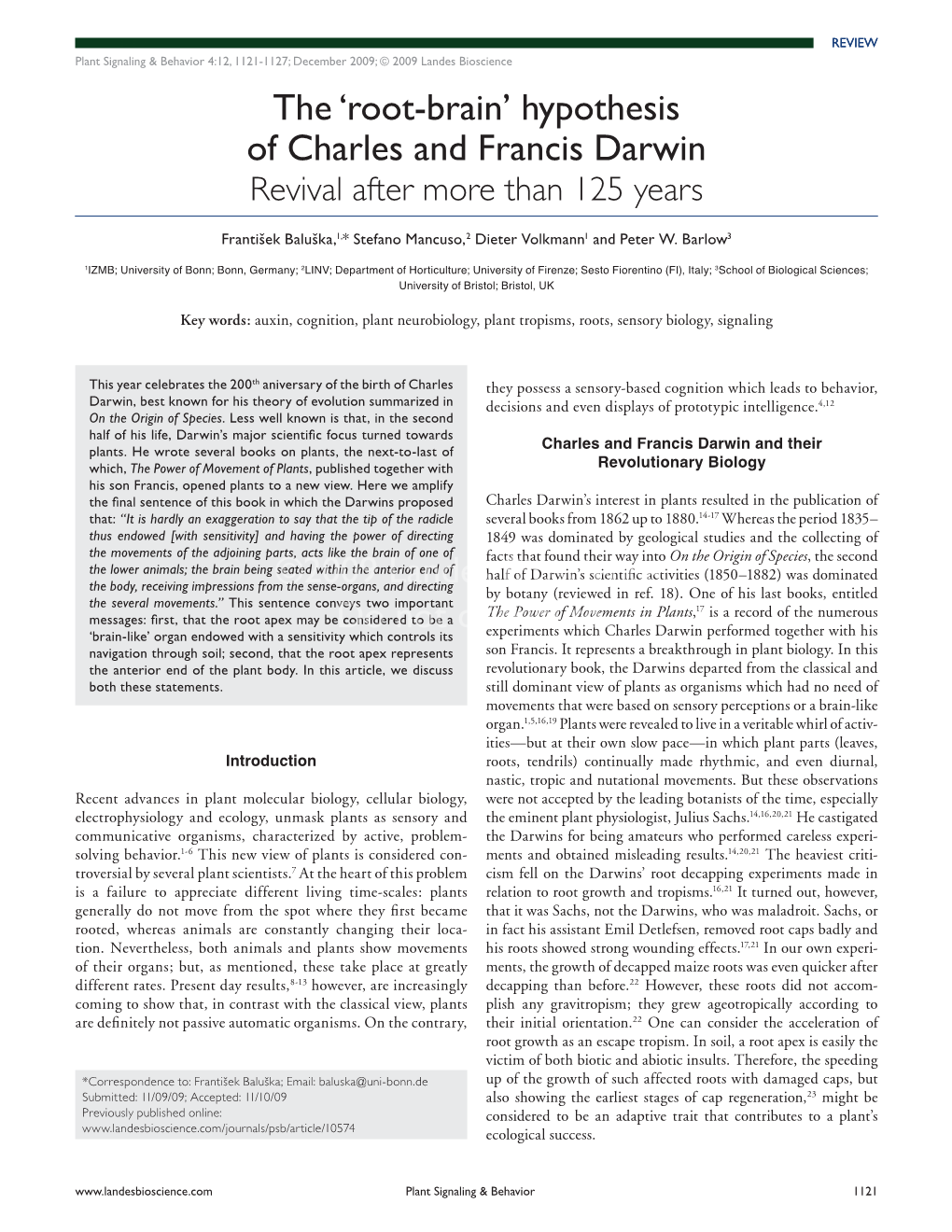 The 'Root-Brain' Hypothesis of Charles and Francis Darwin