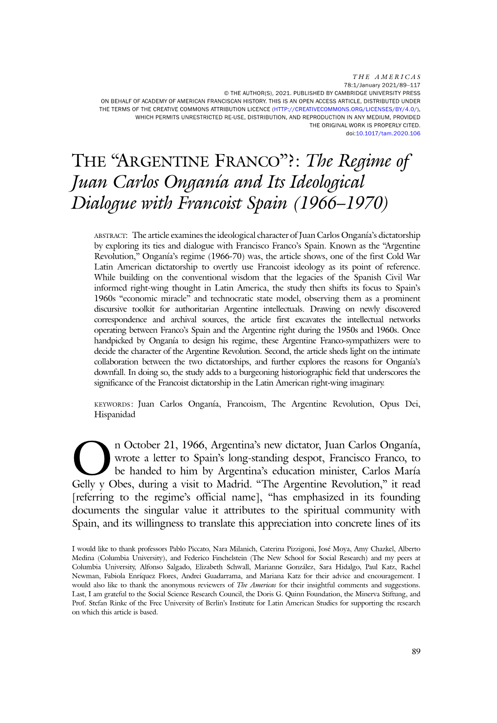 THE “ARGENTINE FRANCO”?: the Regime of Juan Carlos Onganía and Its Ideological Dialogue with Francoist Spain (1966–1970)