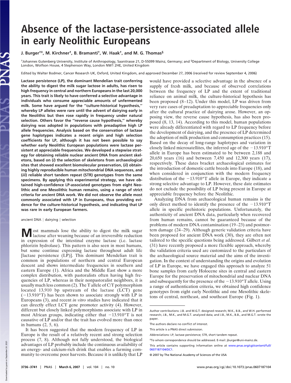 Absence of the Lactase-Persistence-Associated Allele in Early Neolithic Europeans