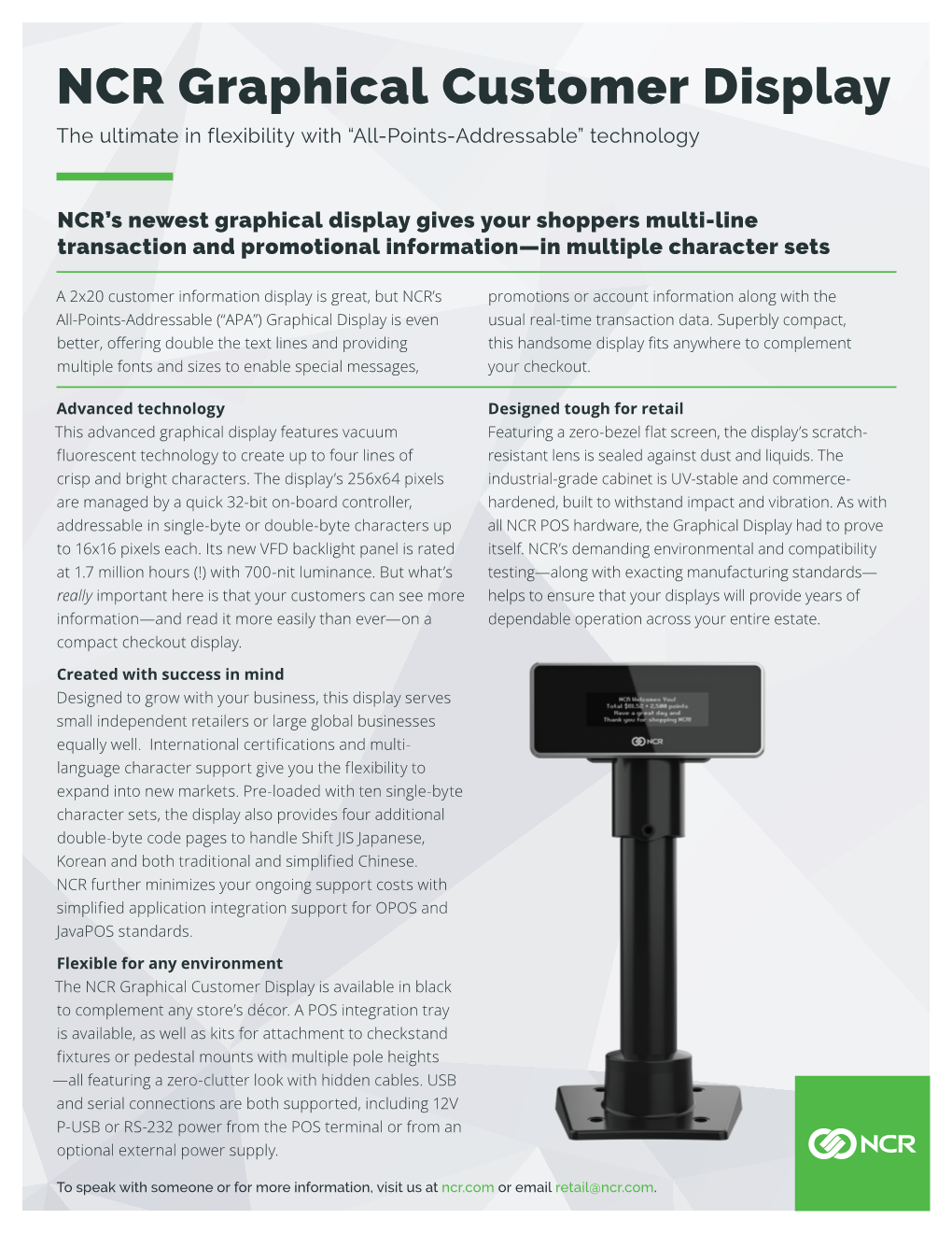 NCR Graphical Customer Display the Ultimate in Flexibility with “All-Points-Addressable” Technology