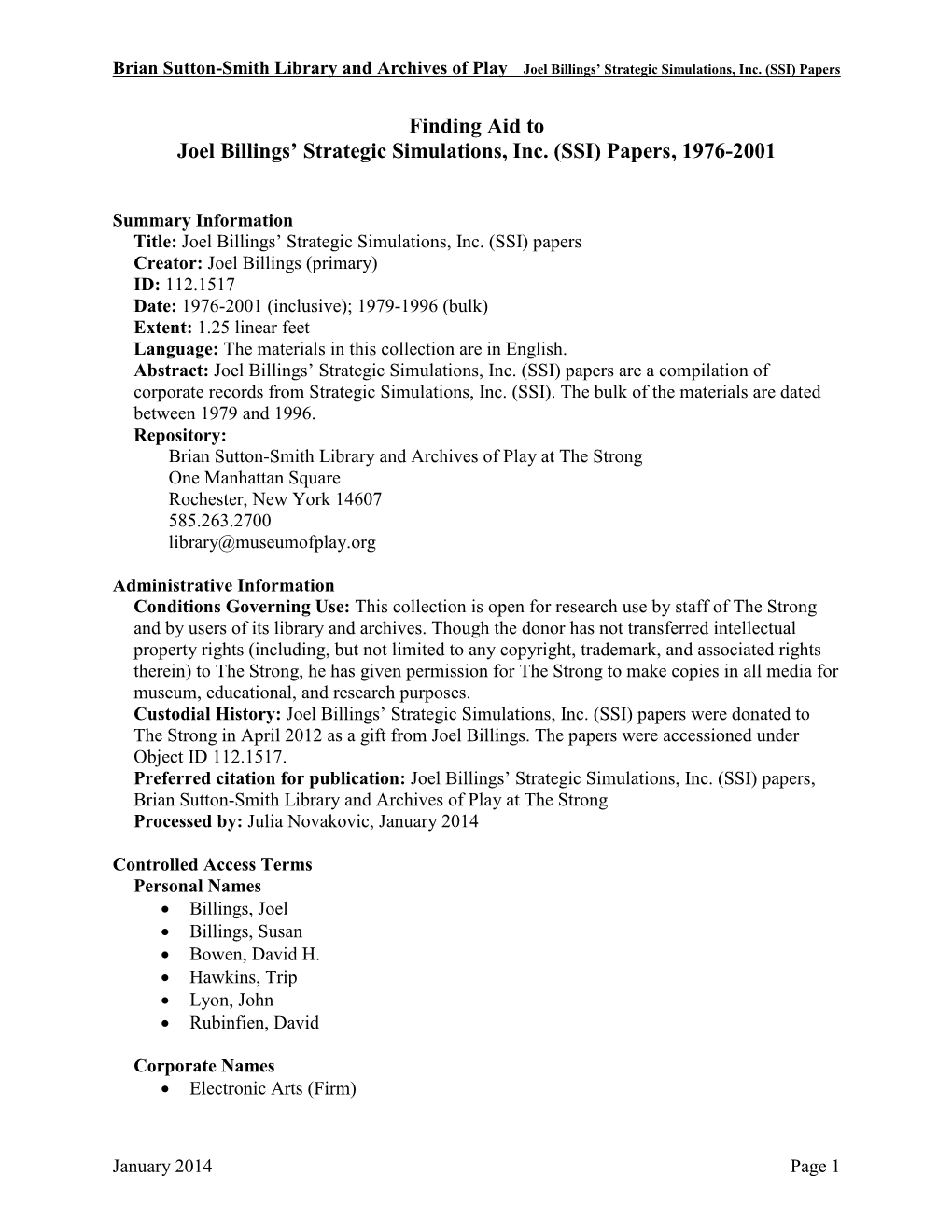 Finding Aid to Joel Billings' Strategic Simulations, Inc. (SSI)