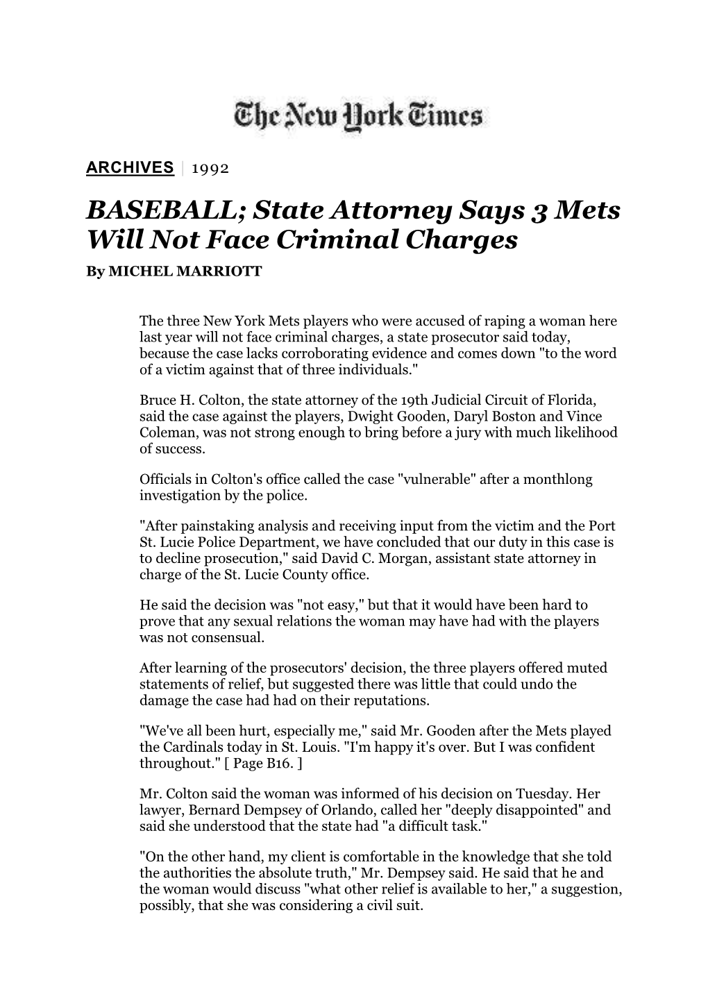 BASEBALL; State Attorney Says 3 Mets Will Not Face Criminal Charges by MICHEL MARRIOTT