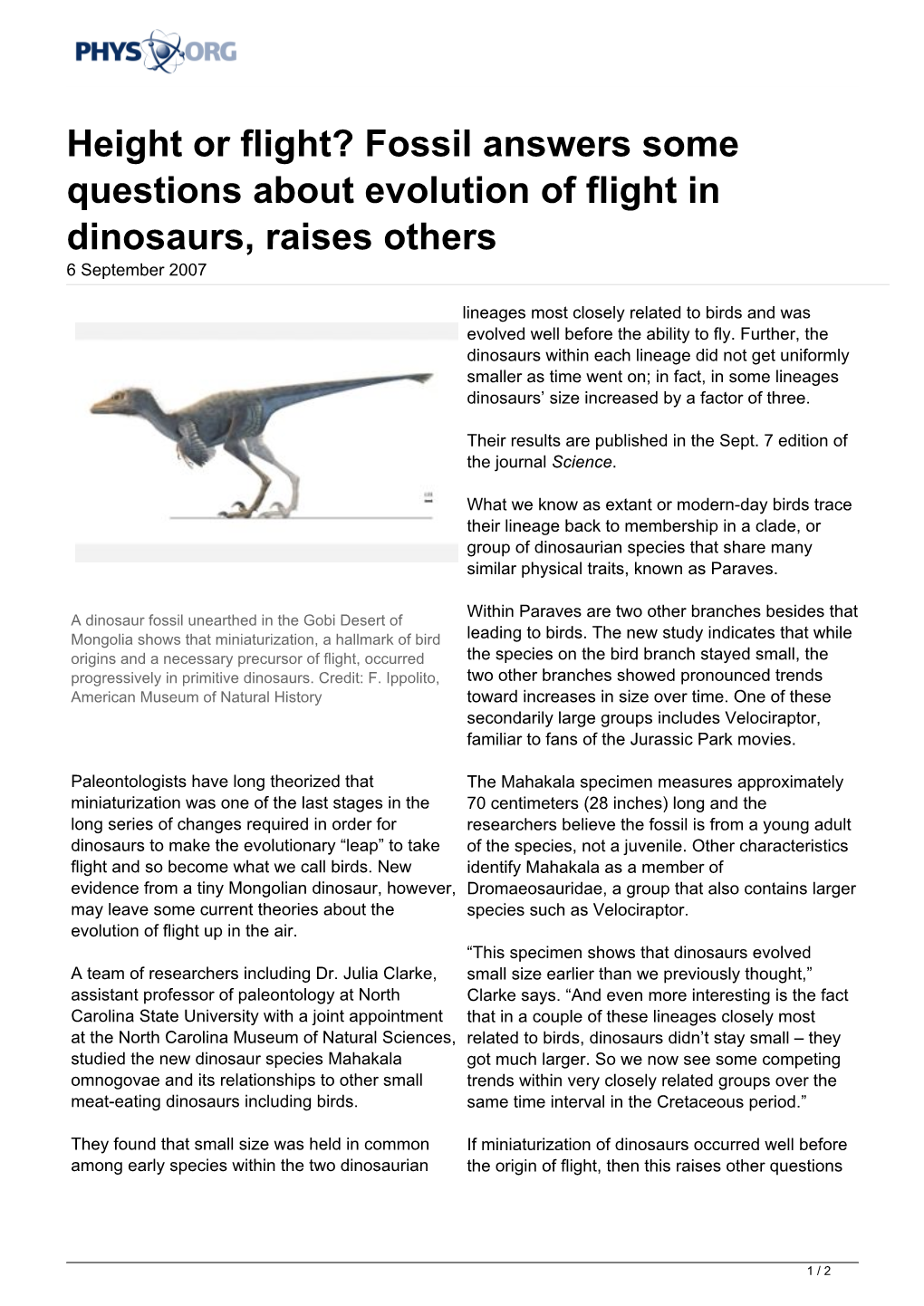 Fossil Answers Some Questions About Evolution of Flight in Dinosaurs, Raises Others 6 September 2007