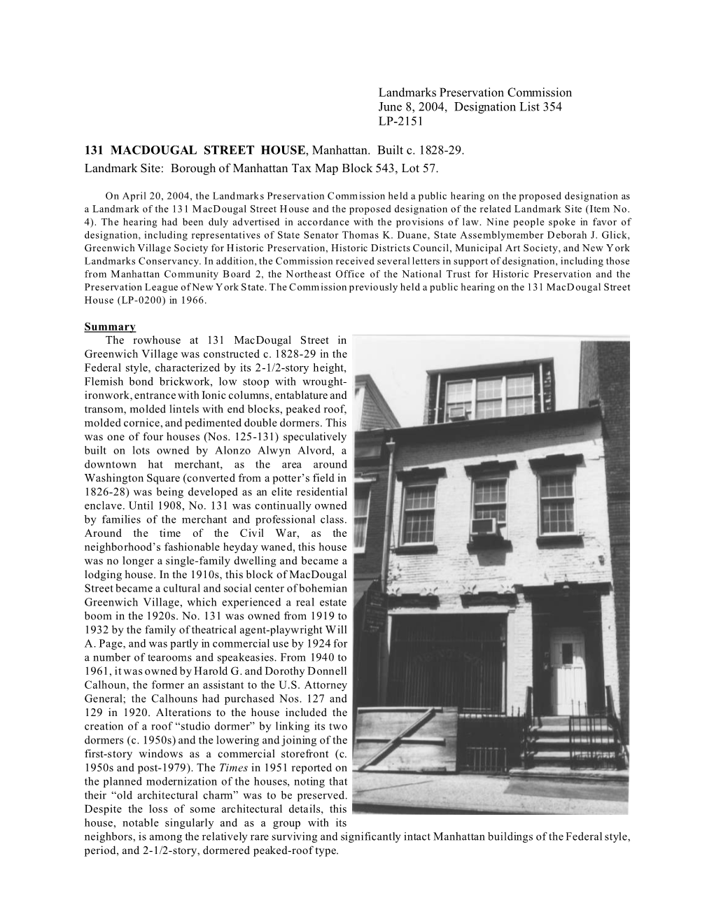 131 Macdougal Street House Designation Report