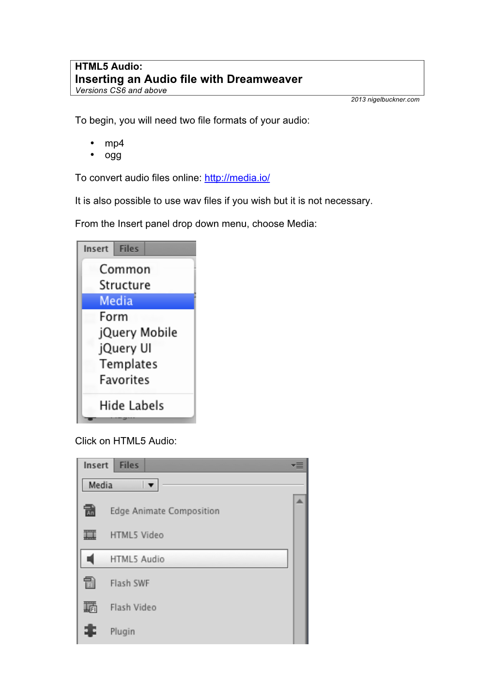 Inserting an Audio File with Dreamweaver Versions CS6 and Above 2013 Nigelbuckner.Com