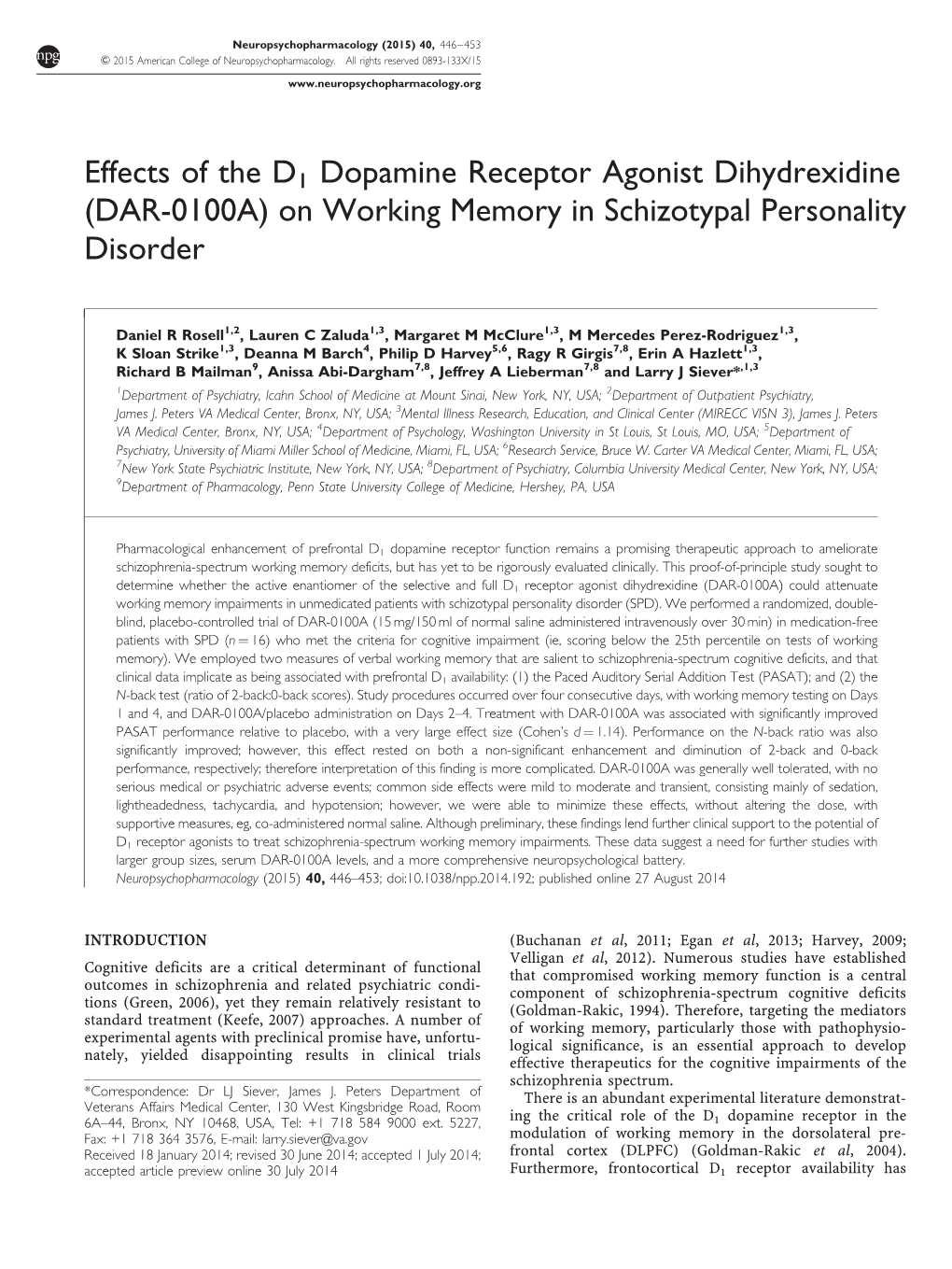 Effects of the D1 Dopamine Receptor Agonist Dihydrexidine (DAR-0100A) on Working Memory in Schizotypal Personality Disorder