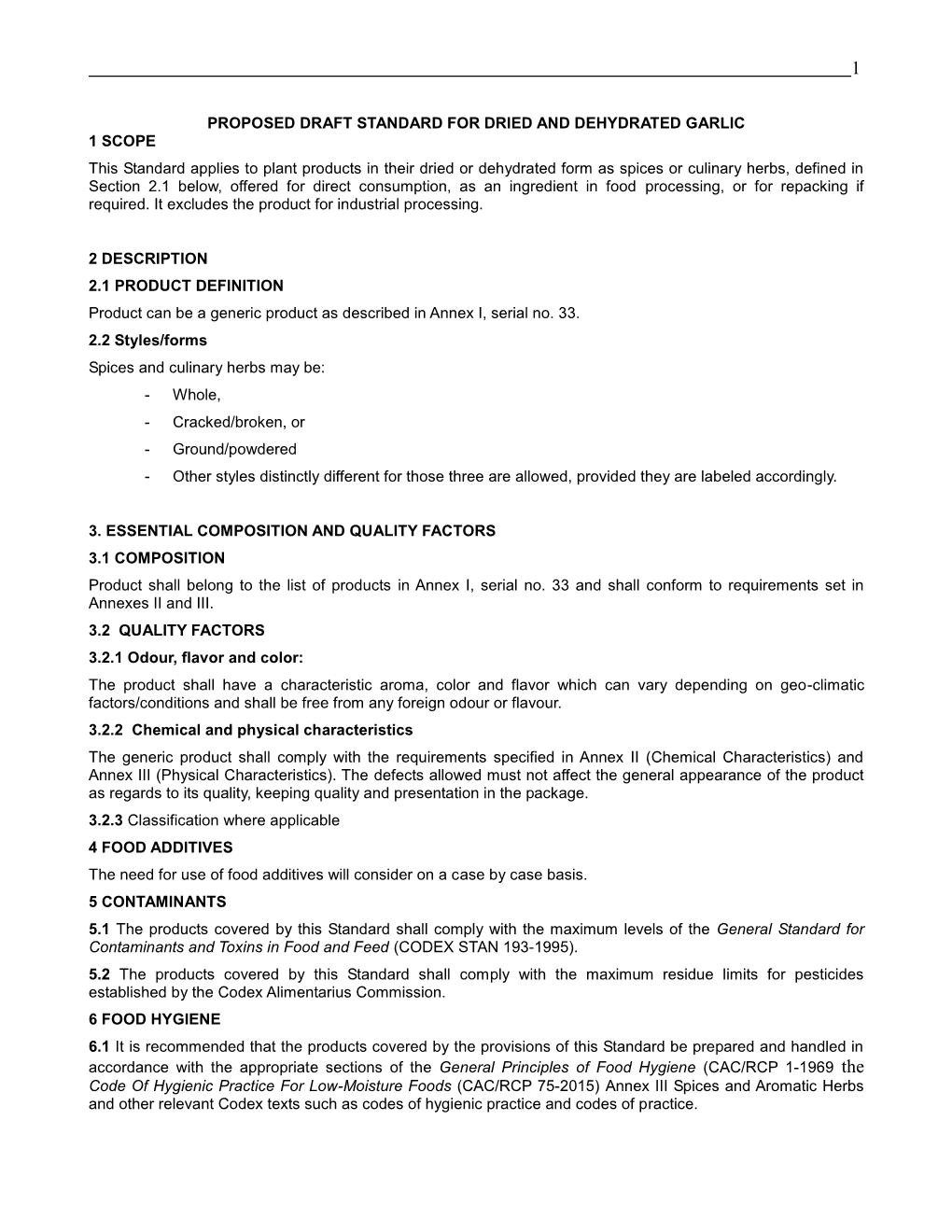 Proposed Draft Standard for Dried and Dehydrated