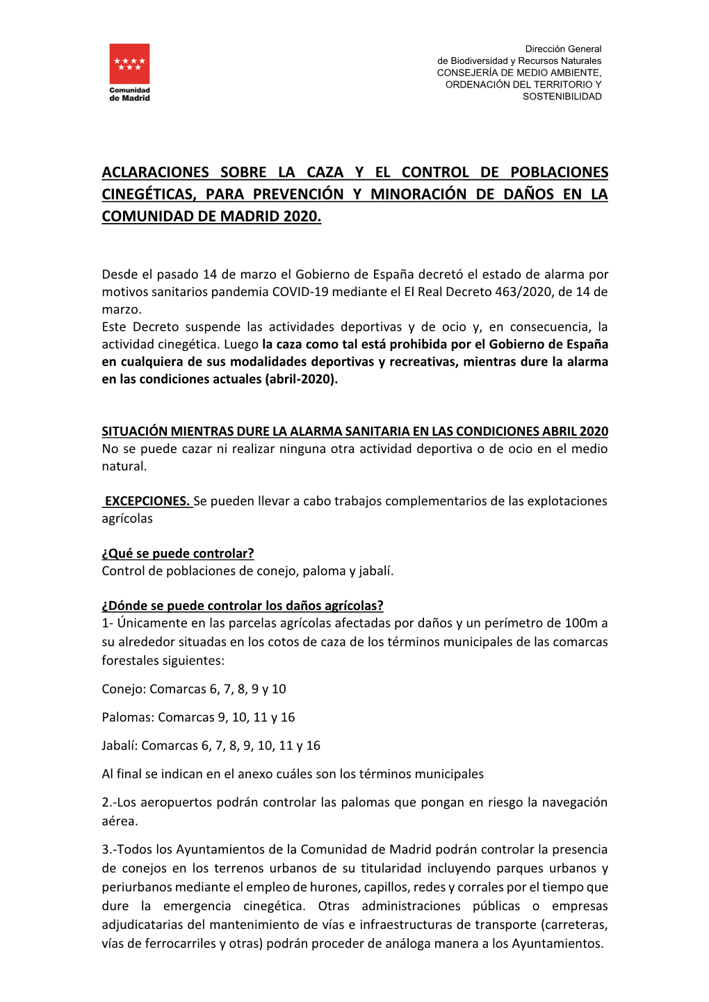 Aclaraciones Sobre La Caza Y El Control De Poblaciones Cinegéticas, Para Prevención Y Minoración De Daños En La Comunidad De Madrid 2020