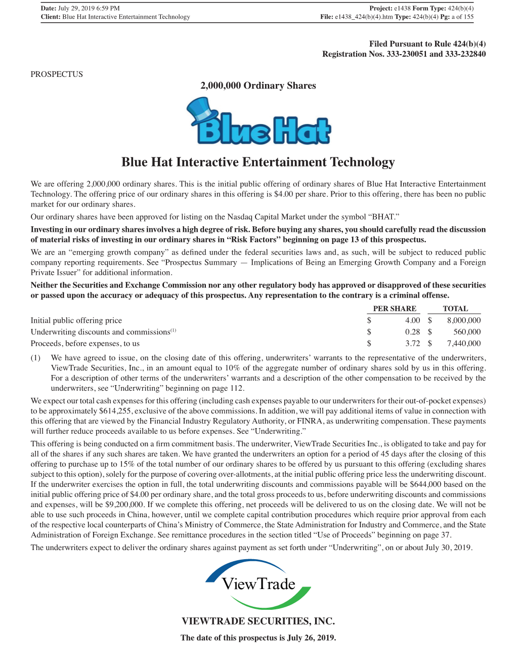 Blue Hat Interactive Entertainment Technology File: E1438 424(B)(4).Htm Type: 424(B)(4) Pg: a of 155