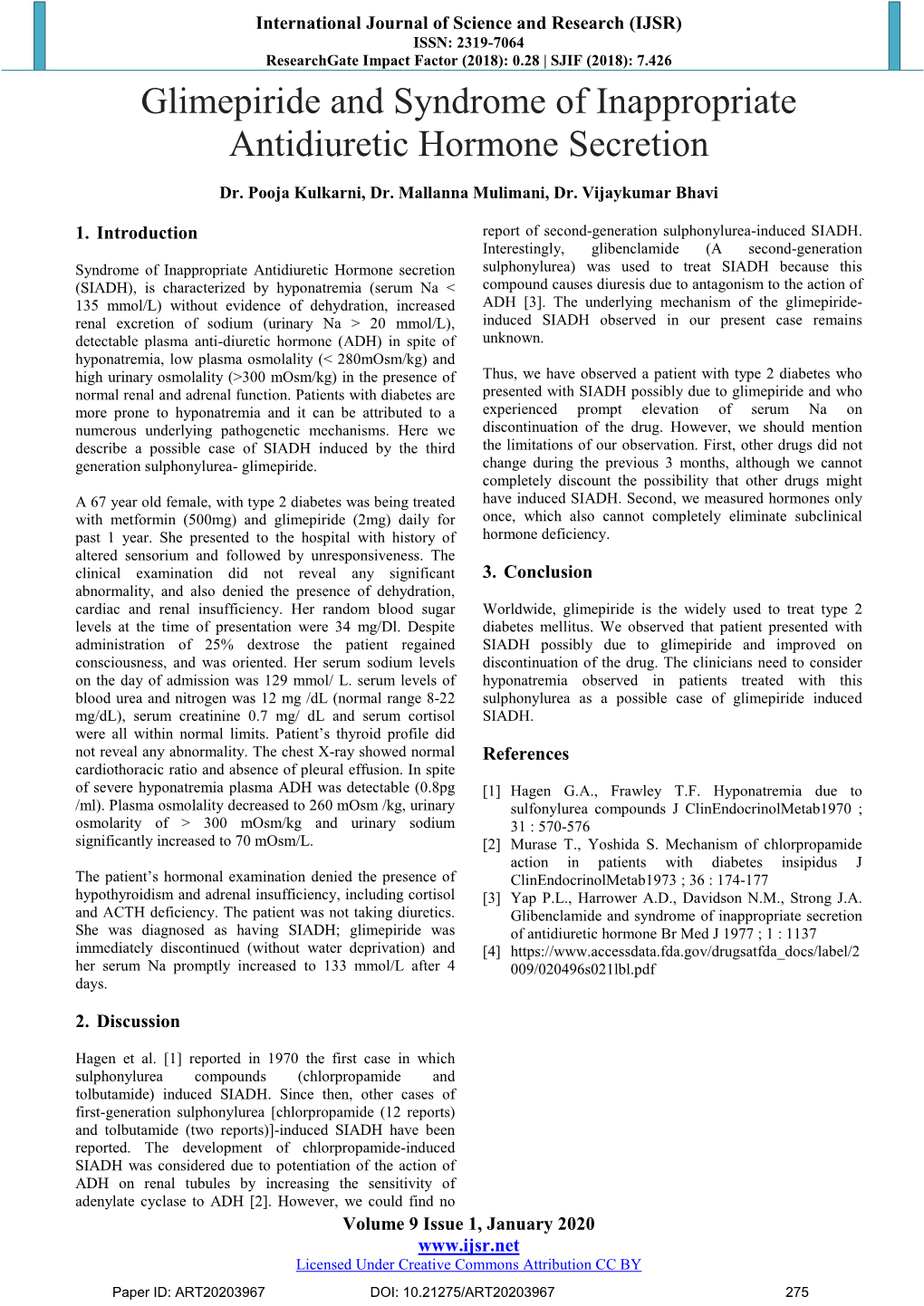 Glimepiride and Syndrome of Inappropriate Antidiuretic Hormone Secretion