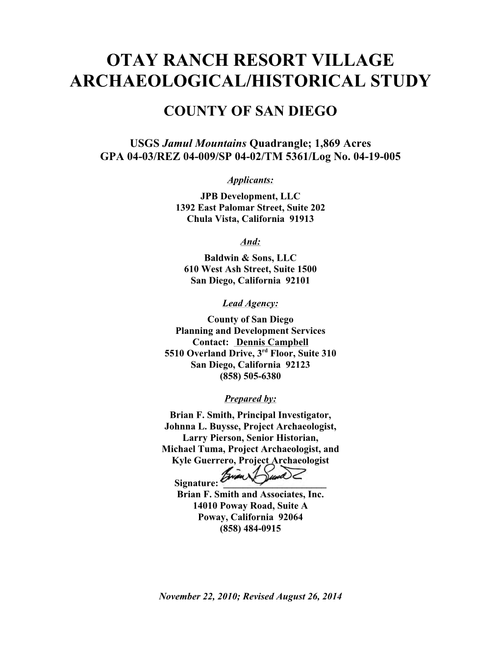 Otay Ranch Resort Village Archaeological/Historical Study