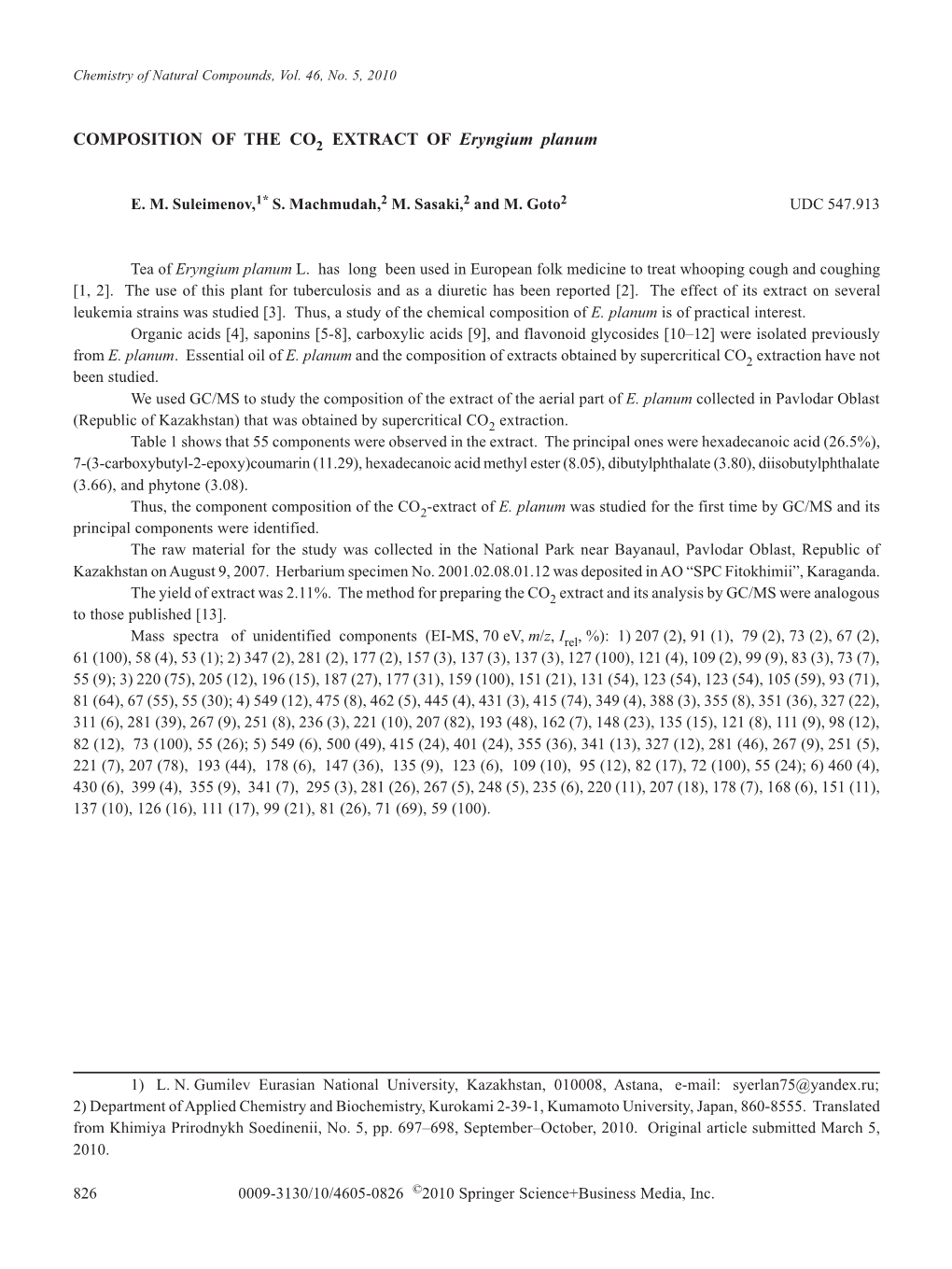 COMPOSITION of the CO EXTRACT of Eryngium Planum