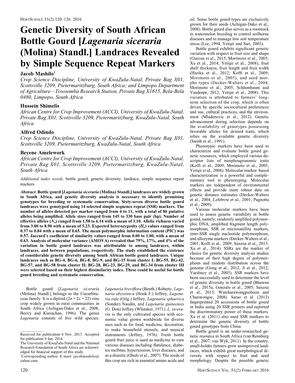 Genetic Diversity of South African Bottle Gourd [Lagenaria Siceraria