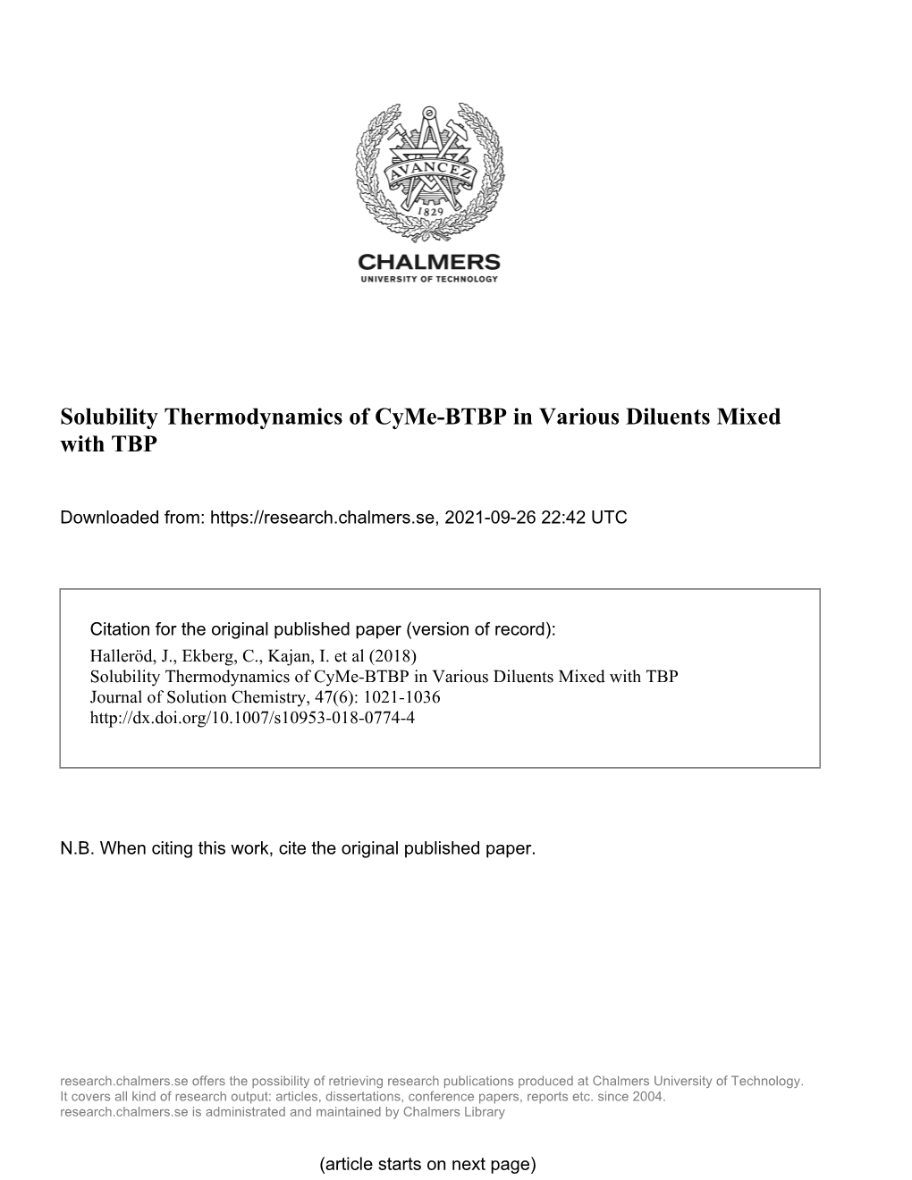 Solubility Thermodynamics of Cyme-BTBP in Various Diluents Mixed with TBP