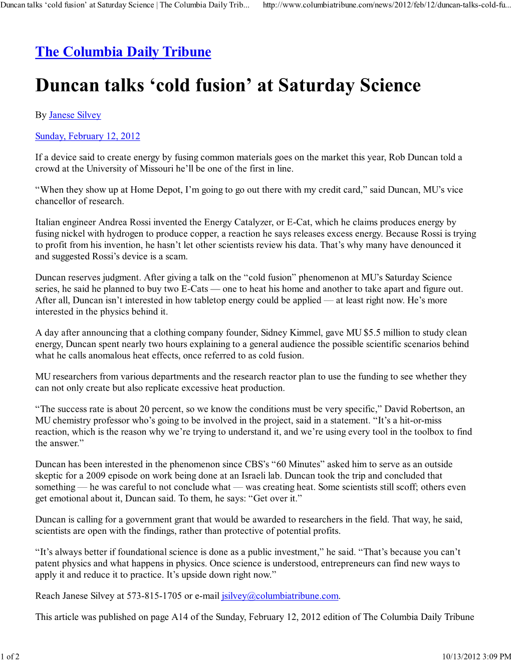 Duncan Talks ‘Cold Fusion’ at Saturday Science | the Columbia Daily Trib