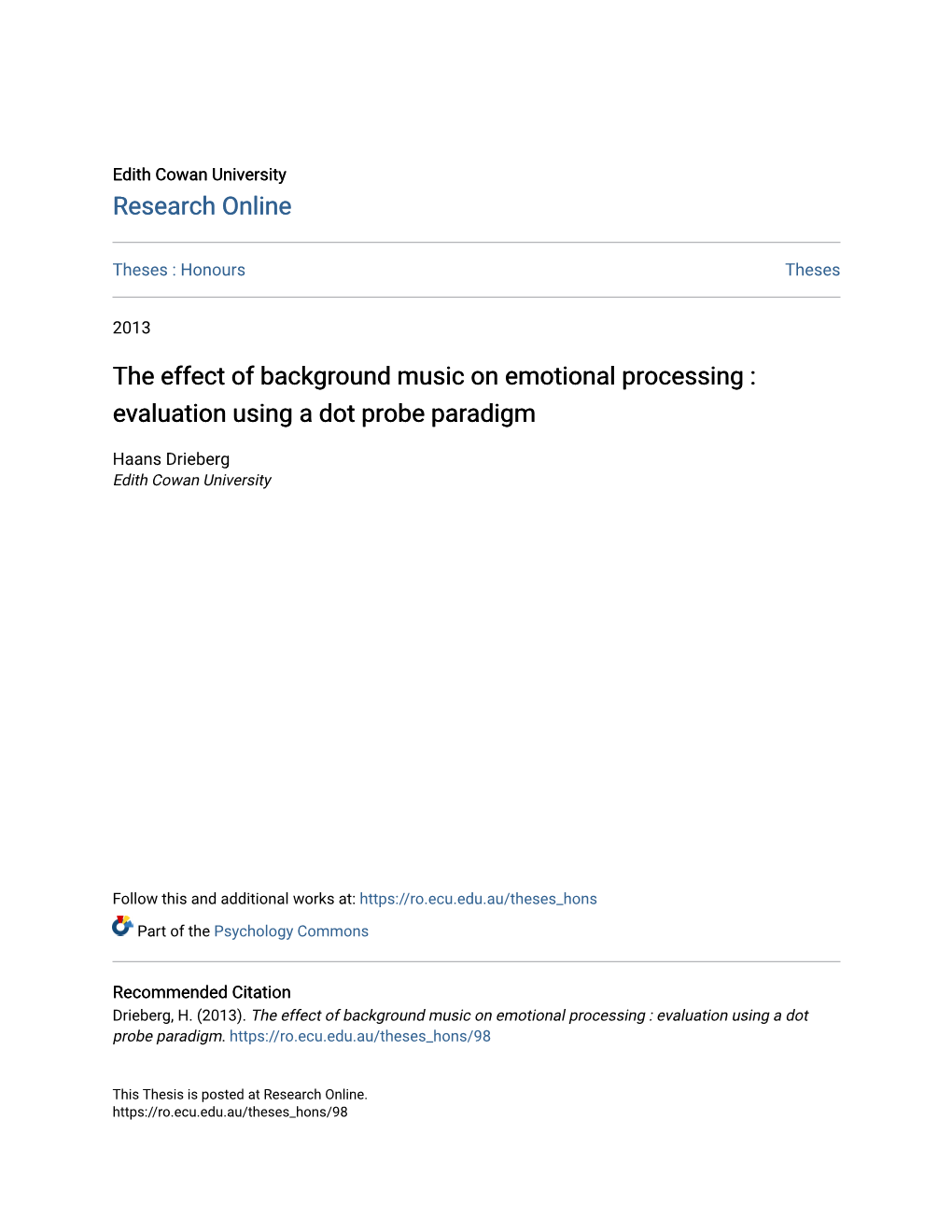 The Effect of Background Music on Emotional Processing : Evaluation Using a Dot Probe Paradigm