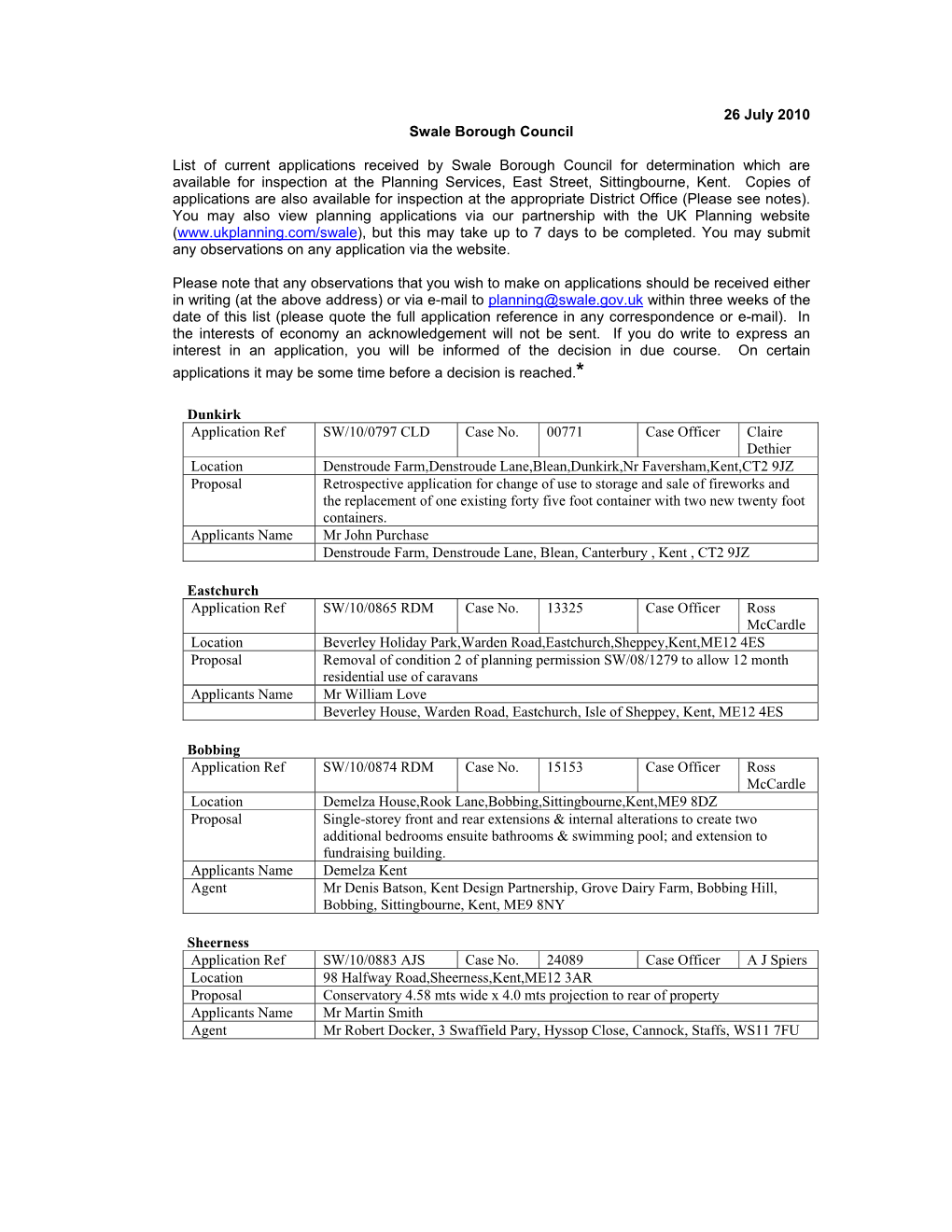 26 July 2010 Swale Borough Council List of Current Applications Received