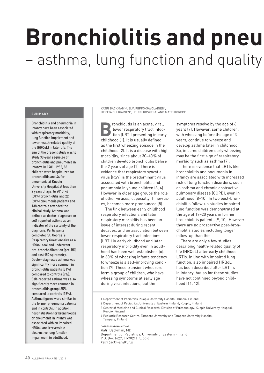 Bronchiolitis and Pneumonia in Infancy – Asthma, Lung Function and Quality of Life at a 30-Year Follow-Up