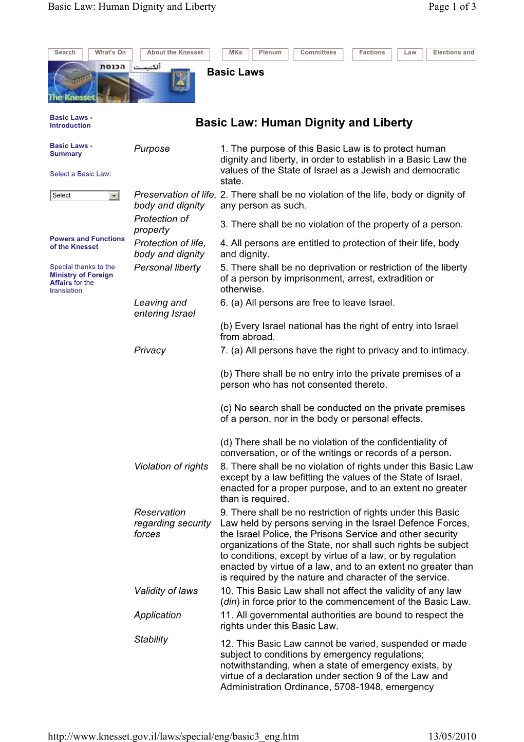 Basic Law: Human Dignity and Liberty Page 1 of 3