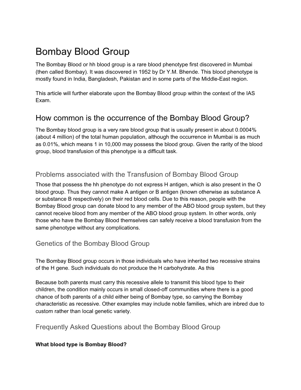 Bombay Blood Group the Bombay Blood Or Hh Blood Group Is a Rare Blood Phenotype First Discovered in Mumbai (Then Called Bombay)