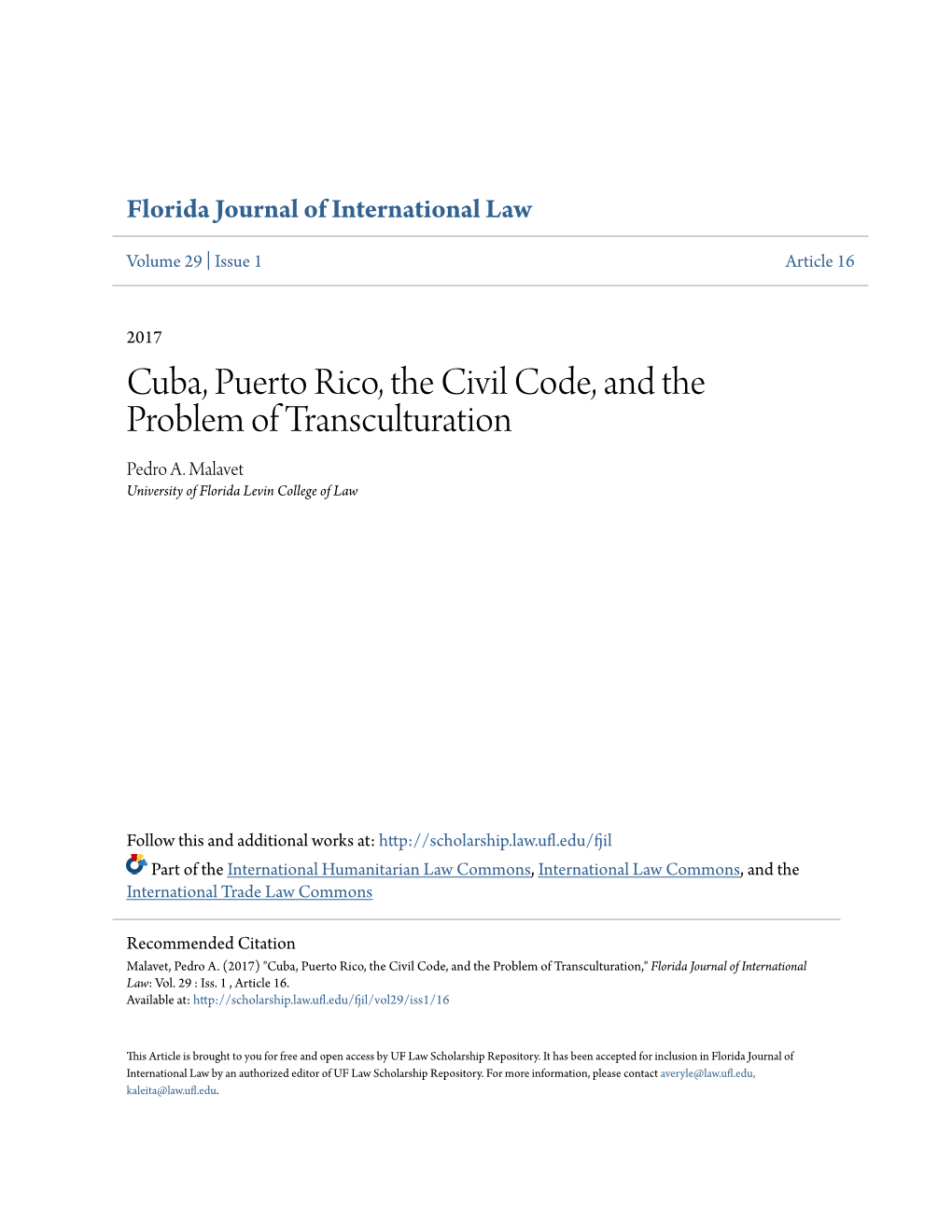 Cuba, Puerto Rico, the Civil Code, and the Problem of Transculturation Pedro A