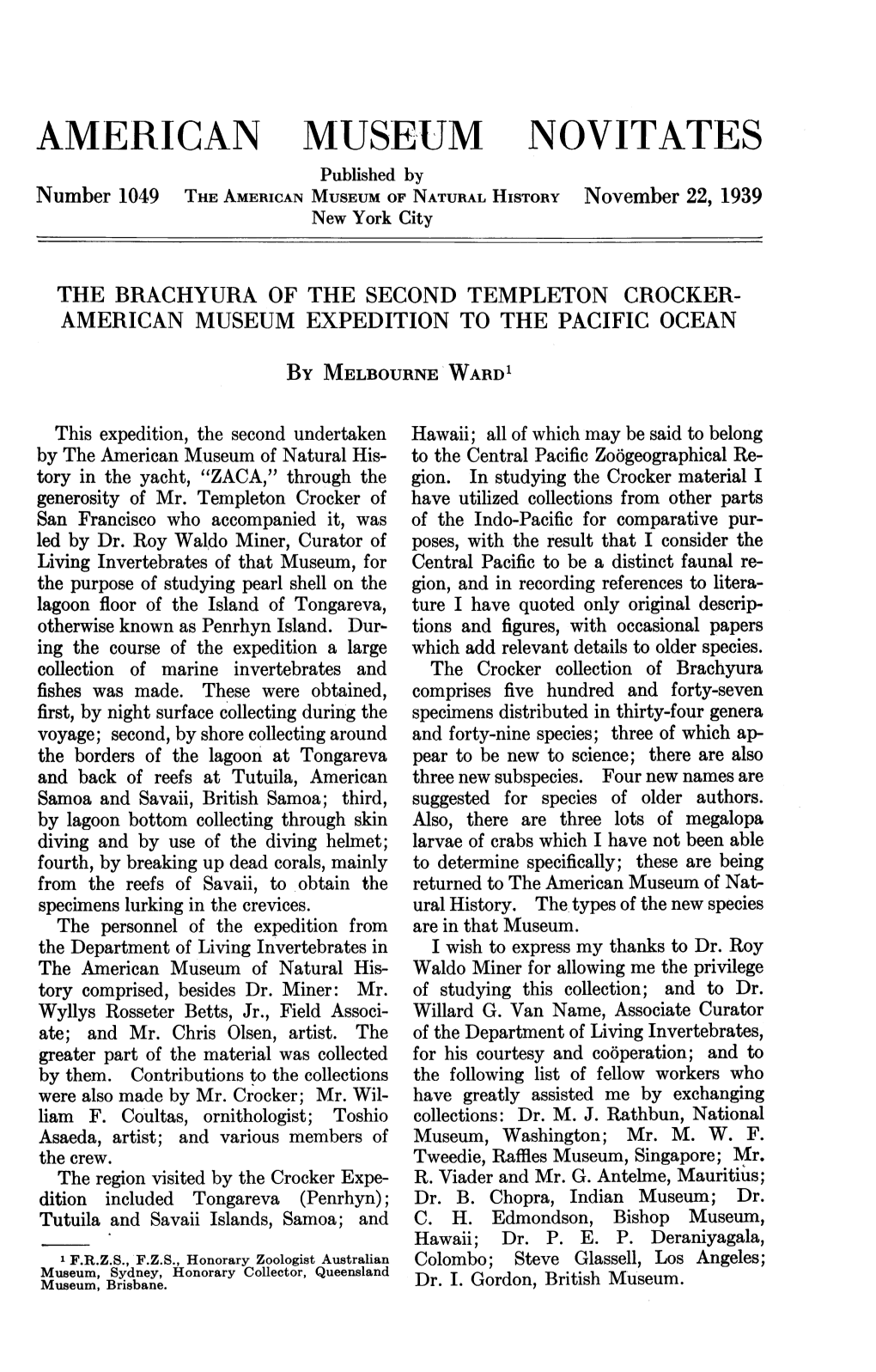 AMERICAN MUSEUM NOVITATES Published by Number 1049 the AMERICAN MUSEUM of NATURAL HISTORY November 22, 1939 New York City