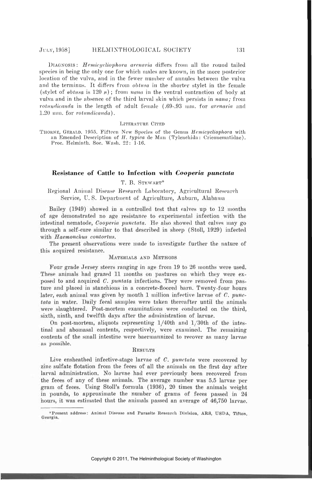 Resistance of Cattle to Infection with Cooperia Punctata T