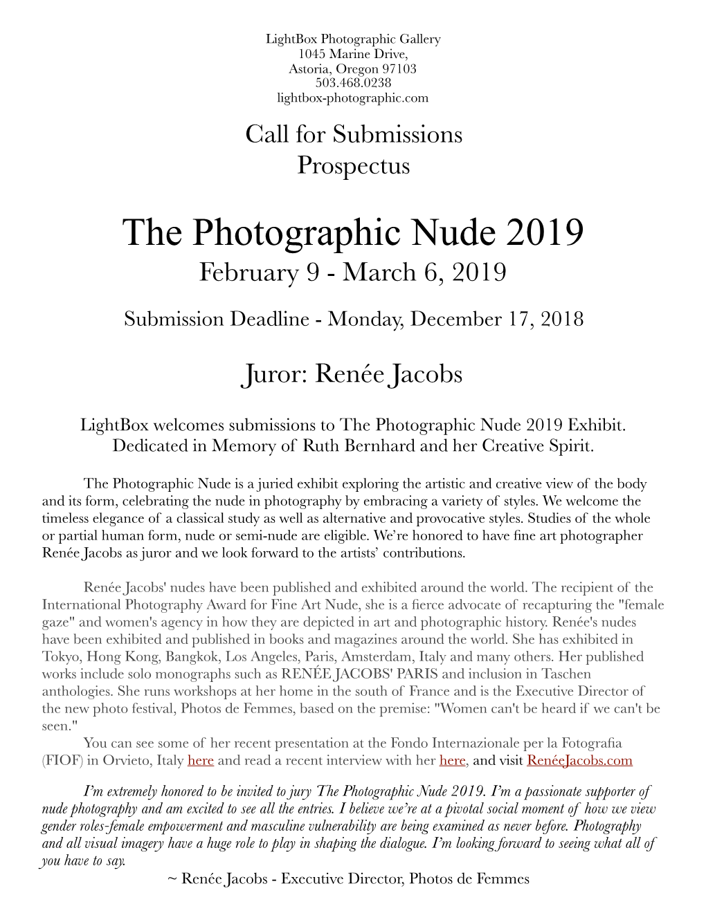 The Photographic Nude 2019 February 9 - March 6, 2019 Submission Deadline - Monday, December 17, 2018