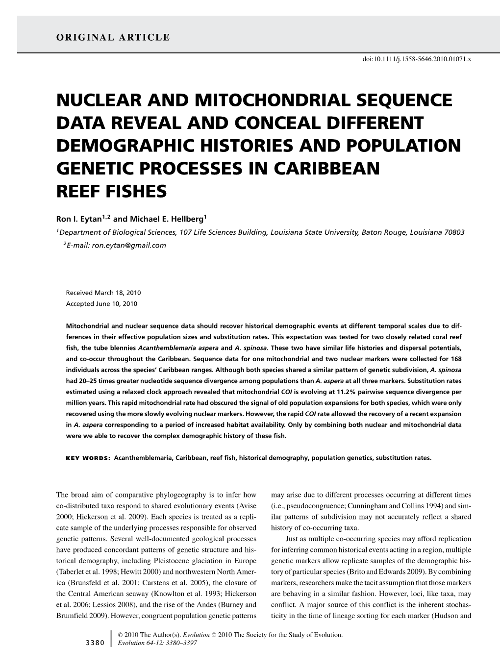 Nuclear and Mitochondrial Sequence Data Reveal and Conceal Different Demographic Histories and Population Genetic Processes in Caribbean Reef Fishes