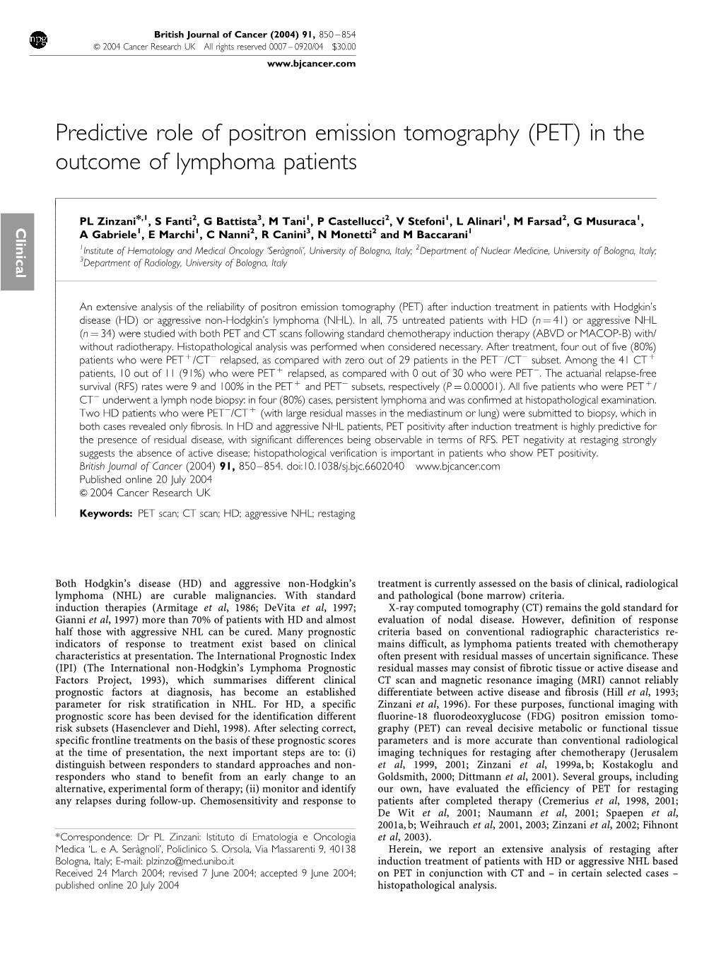 (PET) in the Outcome of Lymphoma Patients