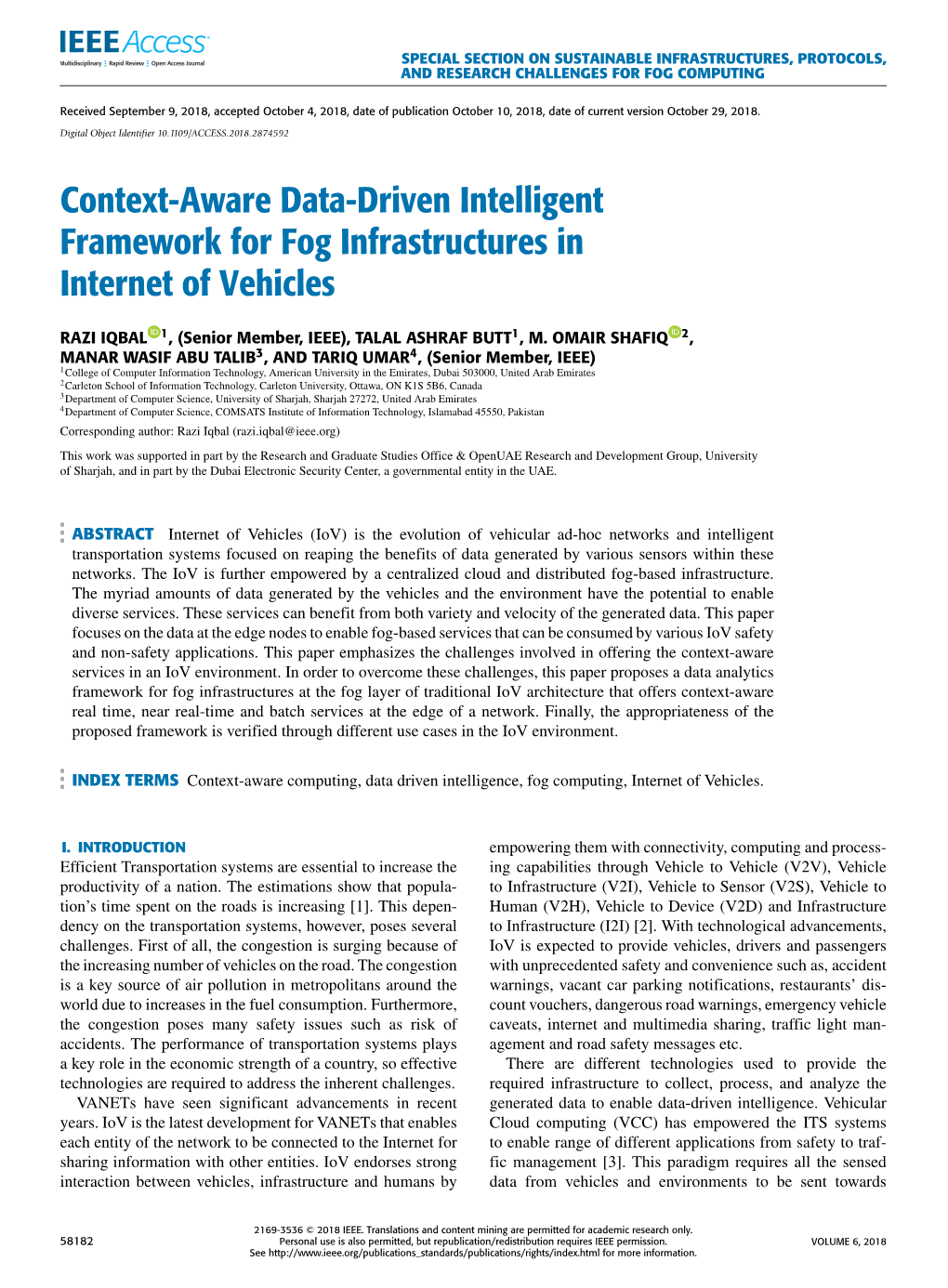 Context-Aware Data-Driven Intelligent Framework for Fog Infrastructures in Internet of Vehicles