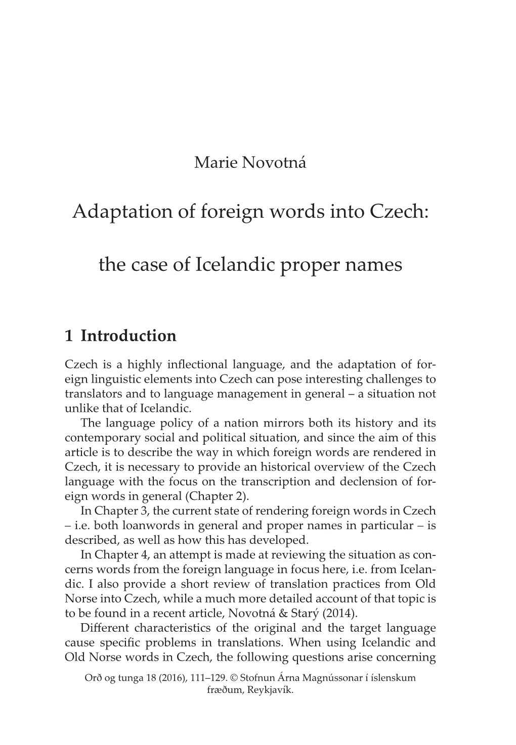 Adaptation of Foreign Words Into Czech: the Case of Icelandic Proper Names