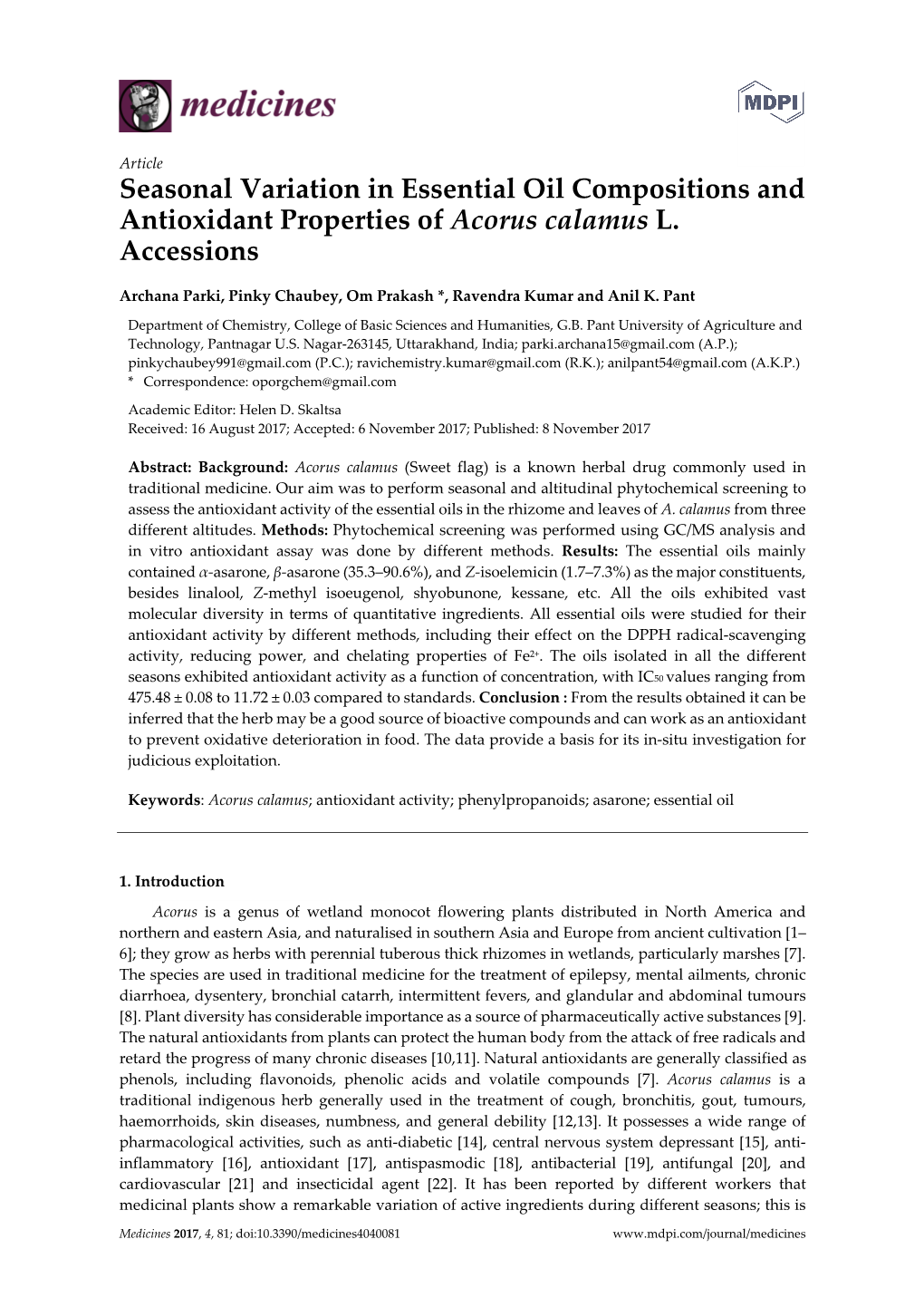 Seasonal Variation in Essential Oil Compositions and Antioxidant Properties of Acorus Calamus L