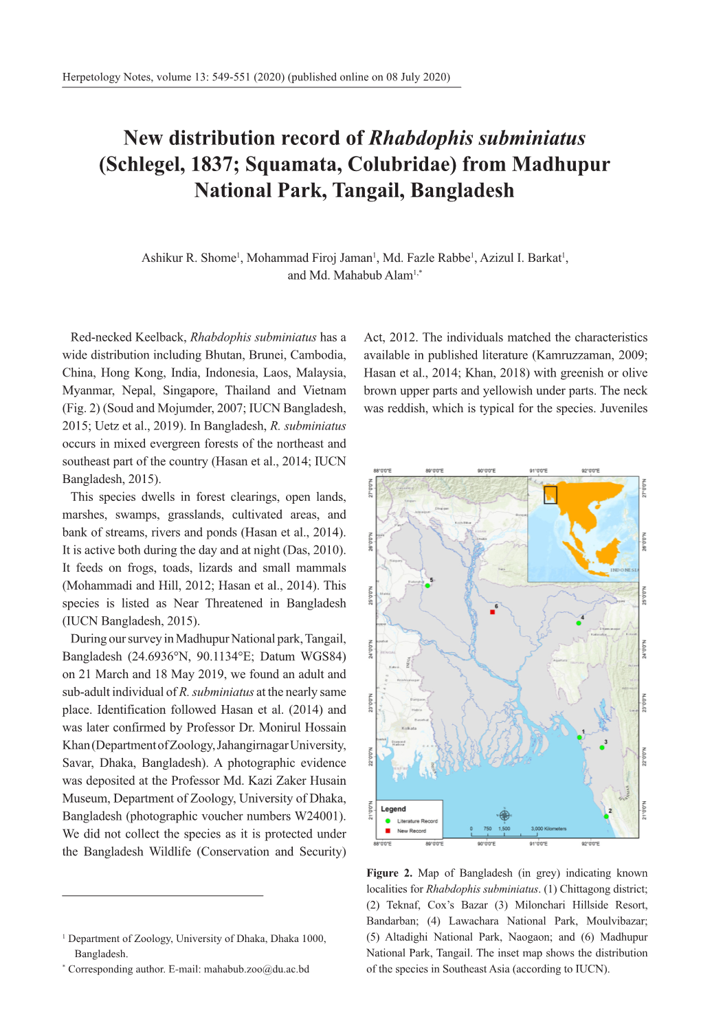 New Distribution Record of Rhabdophis Subminiatus (Schlegel, 1837; Squamata, Colubridae) from Madhupur National Park, Tangail, Bangladesh