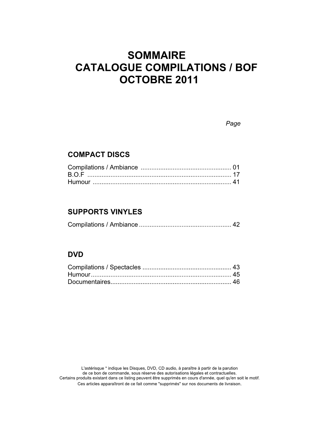 Sommaire Catalogue Compilations / Bof Octobre 2011