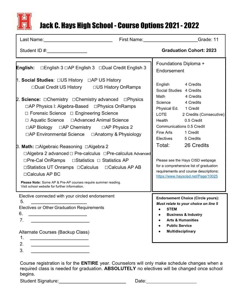 Jack C. Hays High School - Course Options 2021 - 2022