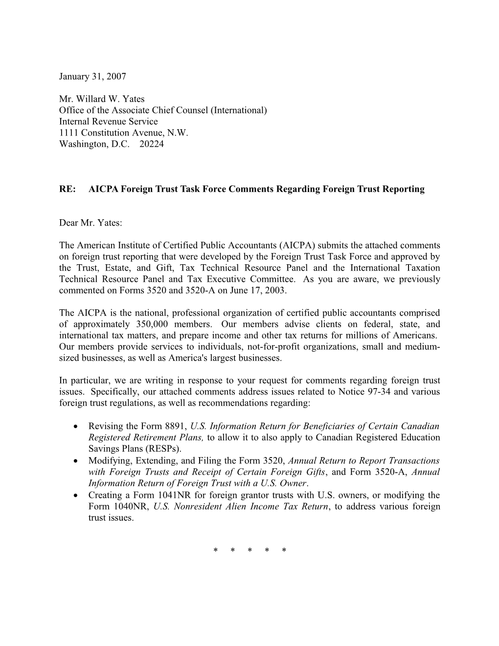 AICPA Letter and Comments to IRS on Foreign Trust Reporting Issues - Jan. 31, 2007