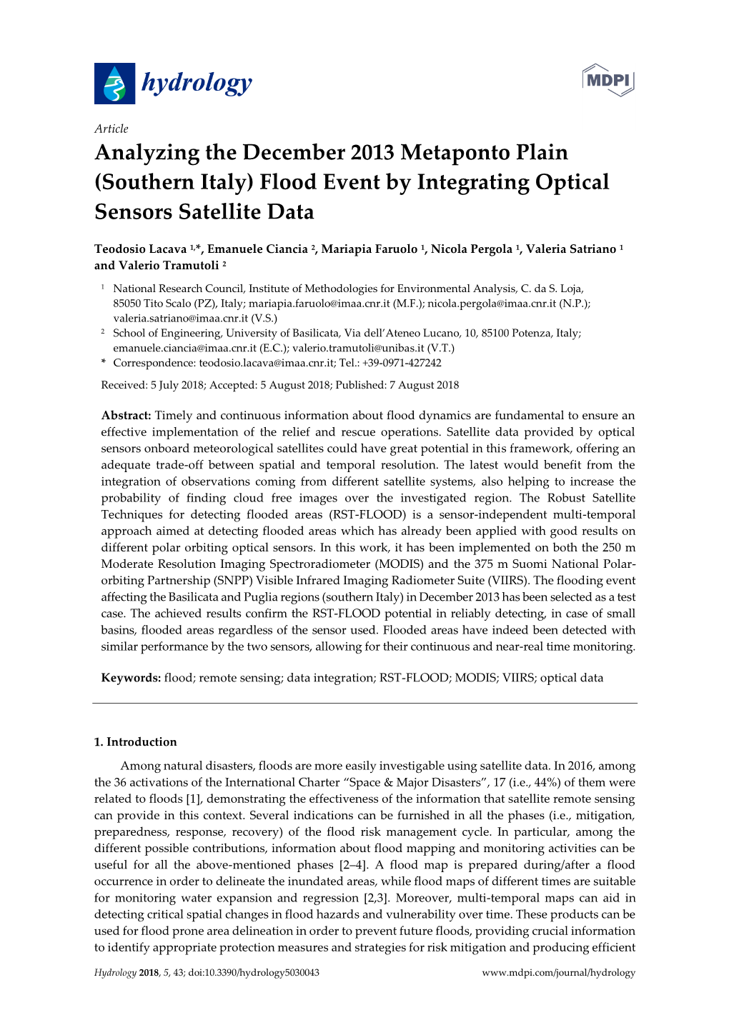 Analyzing the December 2013 Metaponto Plain (Southern Italy) Flood Event by Integrating Optical Sensors Satellite Data