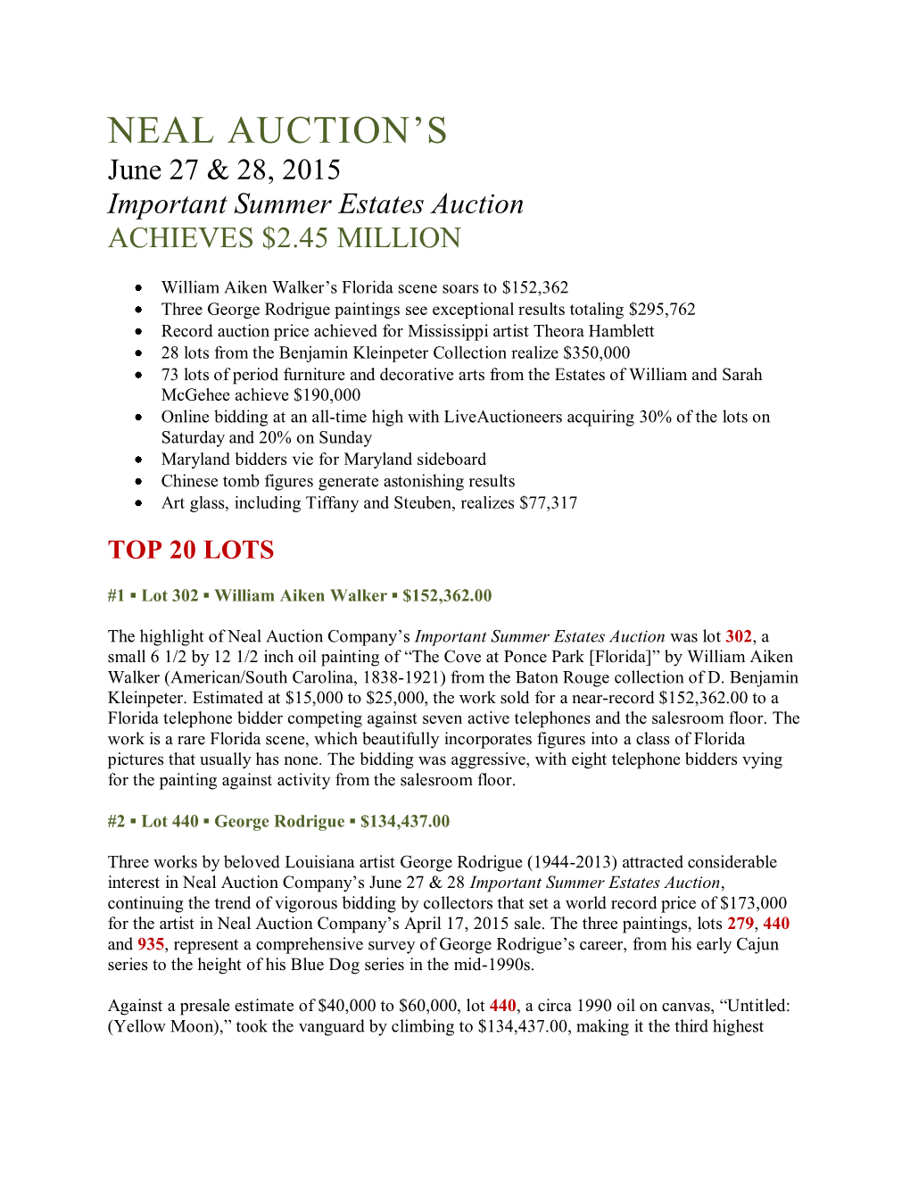 NEAL AUCTION's June 27 & 28, 2015 Important