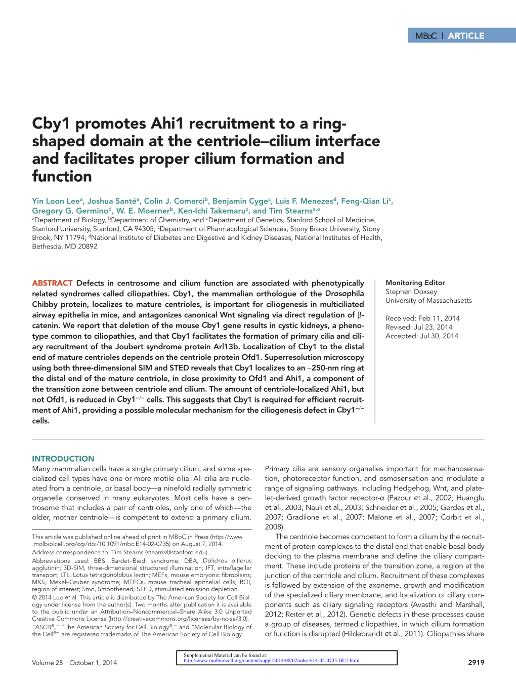 Cby1 Promotes Ahi1 Recruitment to a Ring- Shaped Domain at the Centriole–Cilium Interface and Facilitates Proper Cilium Formation and Function