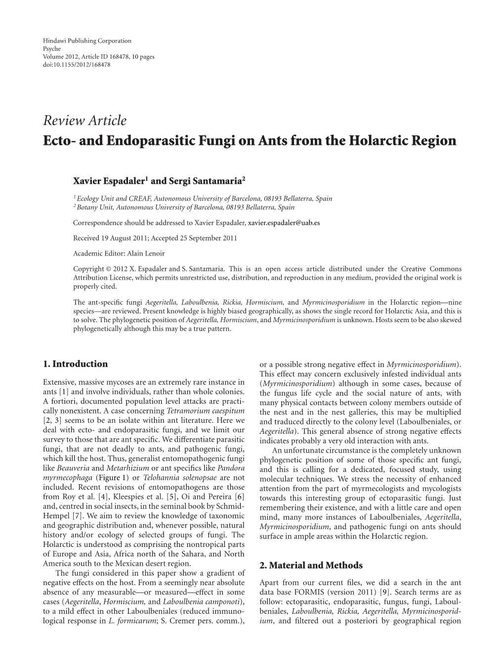 And Endoparasitic Fungi on Ants from the Holarctic Region