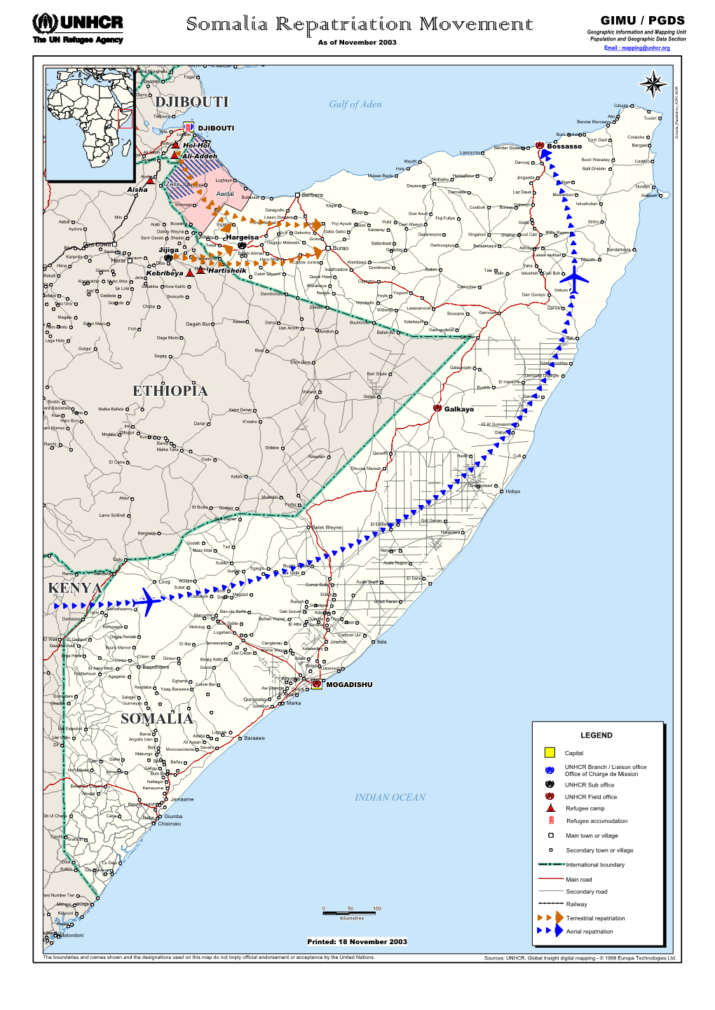 Somalia Repatriation Movement Geographic Information and Mapping Unit Population and Geographic Data Section As of November 2003 Email : Mapping@Unhcr.Org