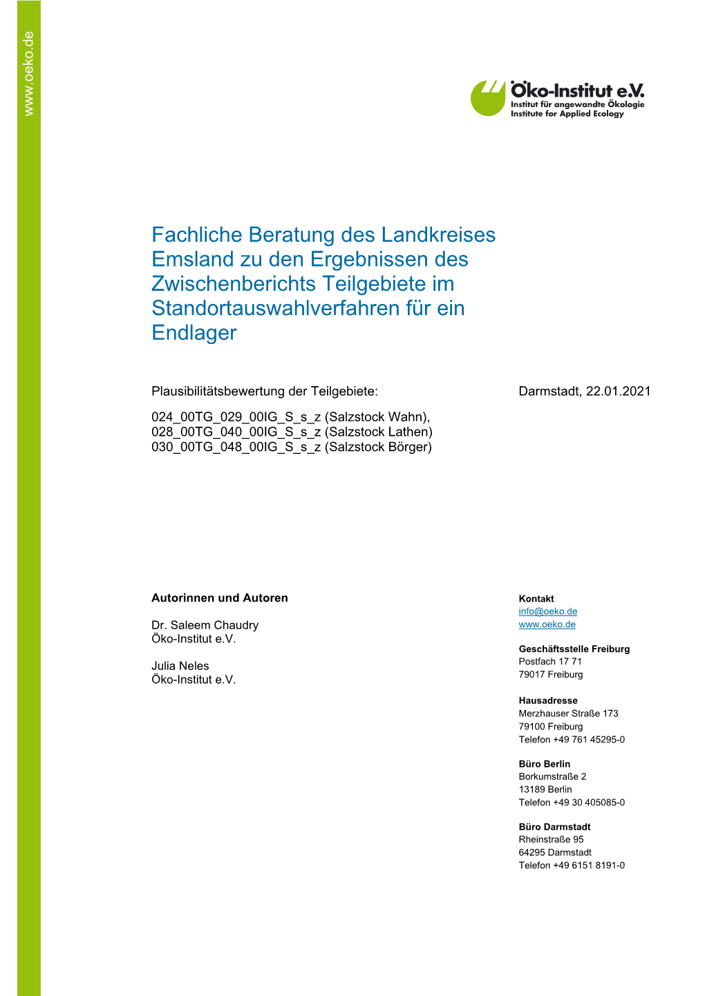 Fachliche Beratung Des Landkreises Emsland Zu Den Ergebnissen Des Zwischenberichts Teilgebiete Im Standortauswahlverfahren Für Ein Endlager