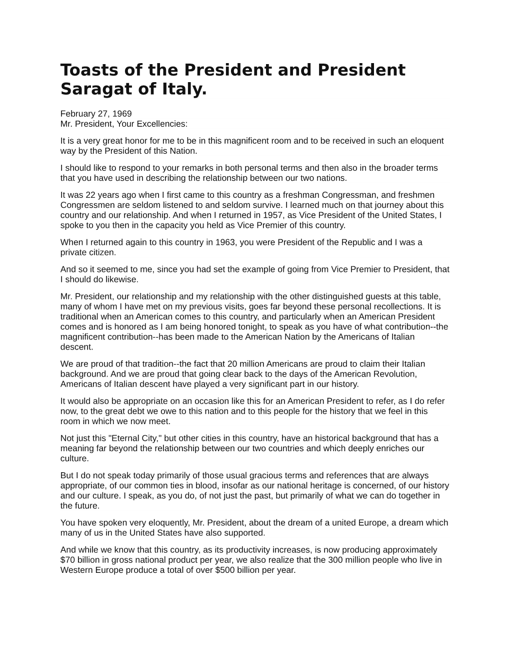 2.27.1969 Toasts of the President and President Saragat of Italy