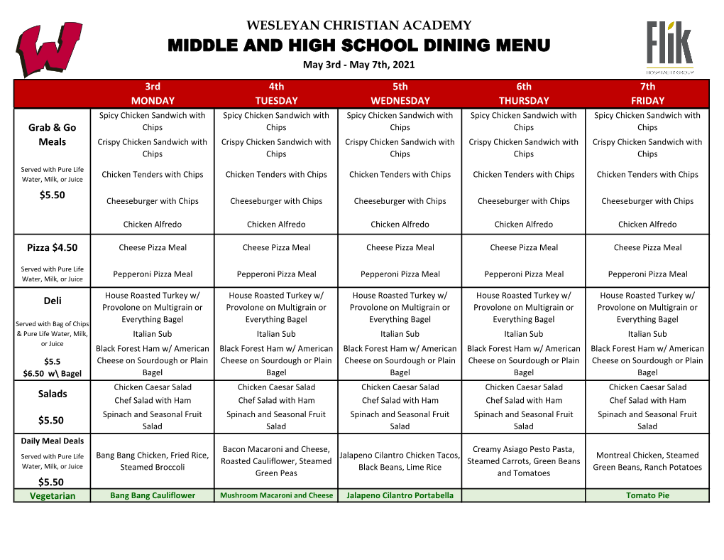 Middle and High School Dining Menu