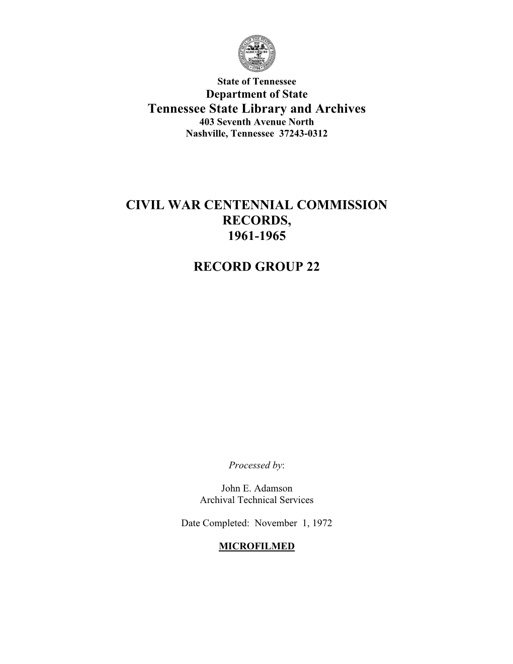 Civil War Centennial Commission Records, 1961-1965