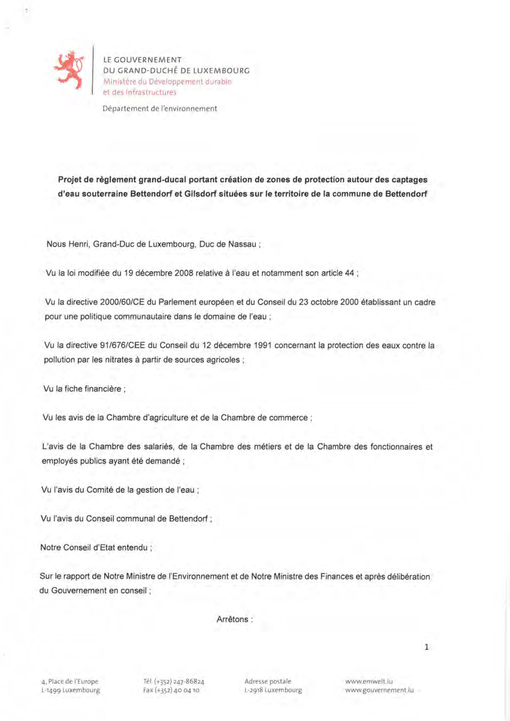 Ministère Du Développement Durable Et Des Infrastructures Département De L'environnement