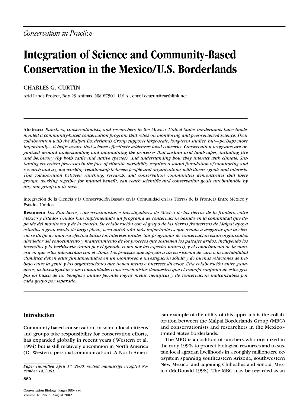 Integration of Science and Community-Based Conservation in the Mexico/U.S