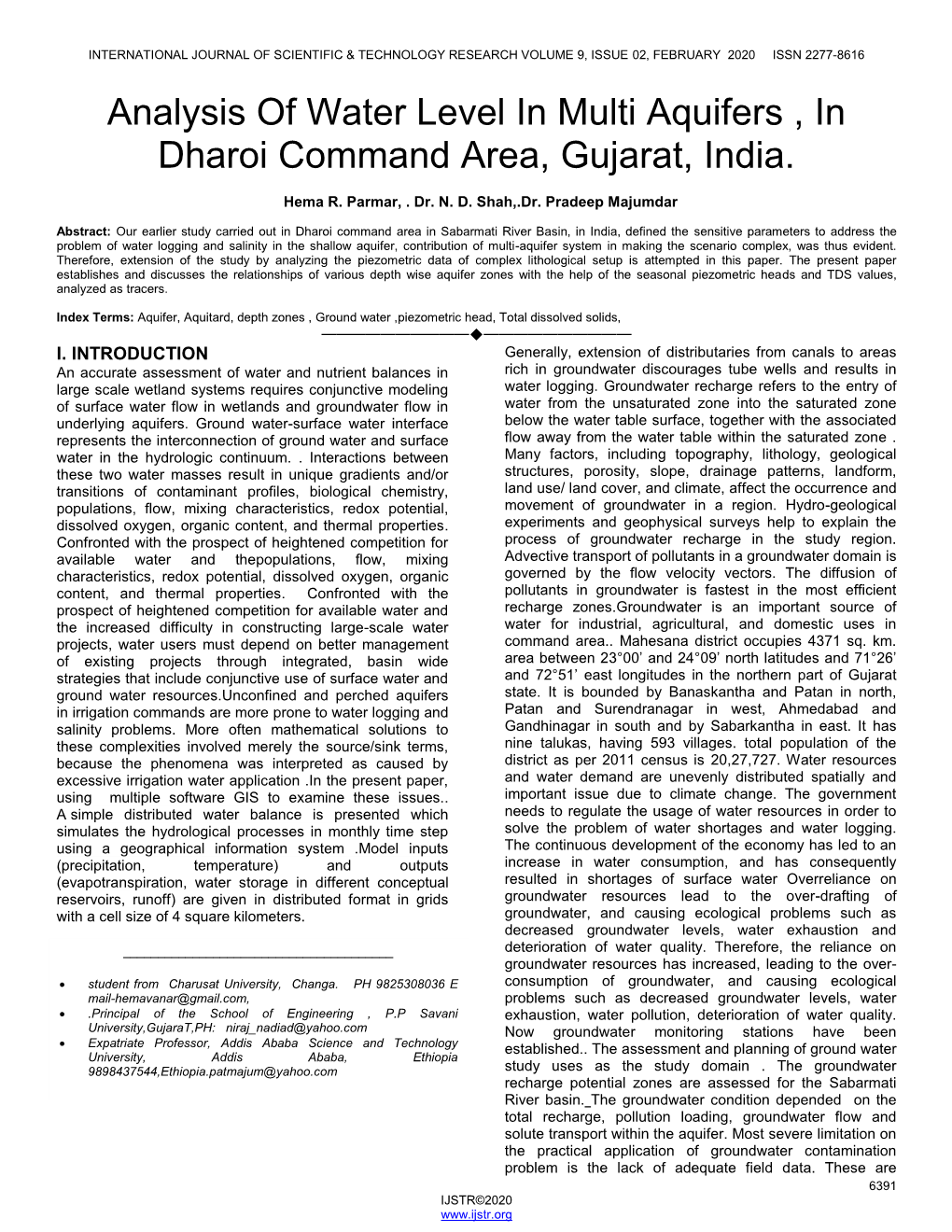 Analysis of Water Level in Multi Aquifers , in Dharoi Command Area, Gujarat, India